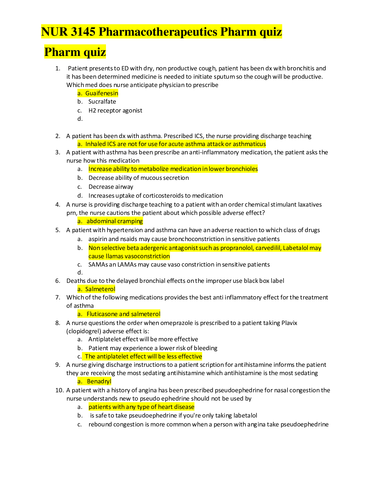 Preview of NUR 3145 Pharmacotherapeutics Pharm quiz_ answered 2021/22